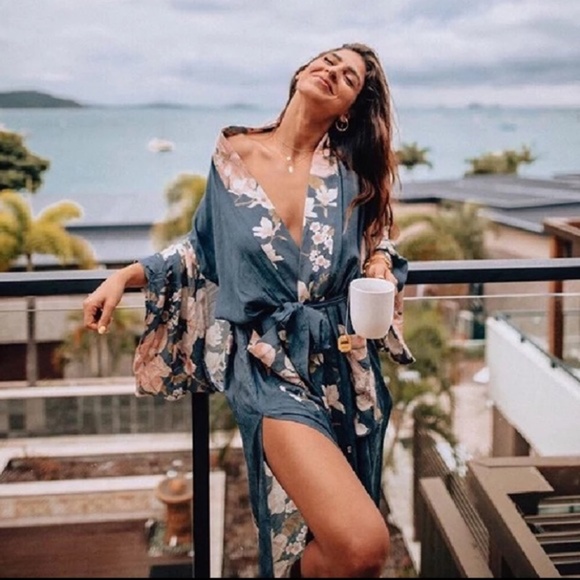 Tops - SOLD OUT Blue Floral Peacock Kimono Robe Duster Cover Up